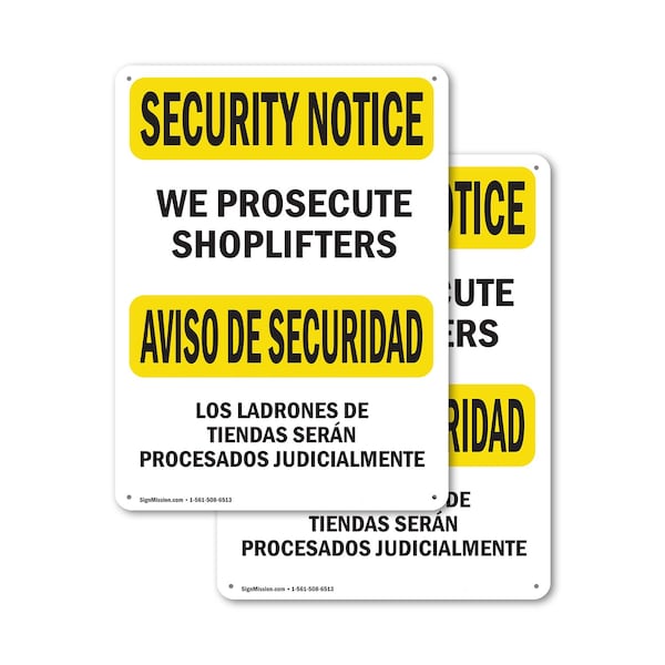 Signmission We Prosecute Shoplifters Bilingual OSHA Security Notice Sign, Plastic, 7in W x 10in L, 2PK OS-2PACK-SN-P-710-L-11680 - main